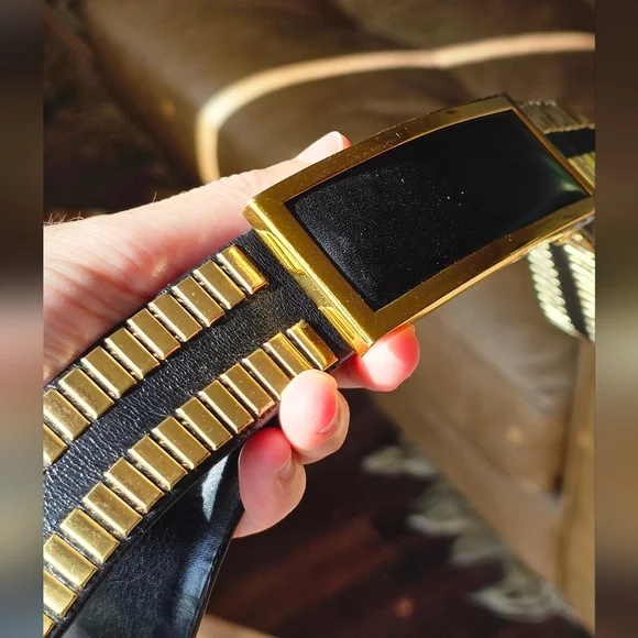 Judith Leiber Vintage Black Leather Belt With Gold Accents display picture 3